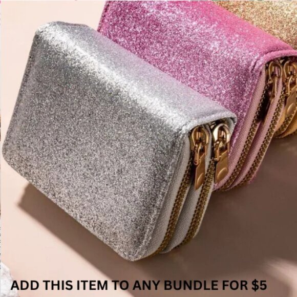 $5 ADD ON ITEM Silver Glitter Zip Wallet Double Sparkly Card Holder Clutch Purse - Picture 1 of 8